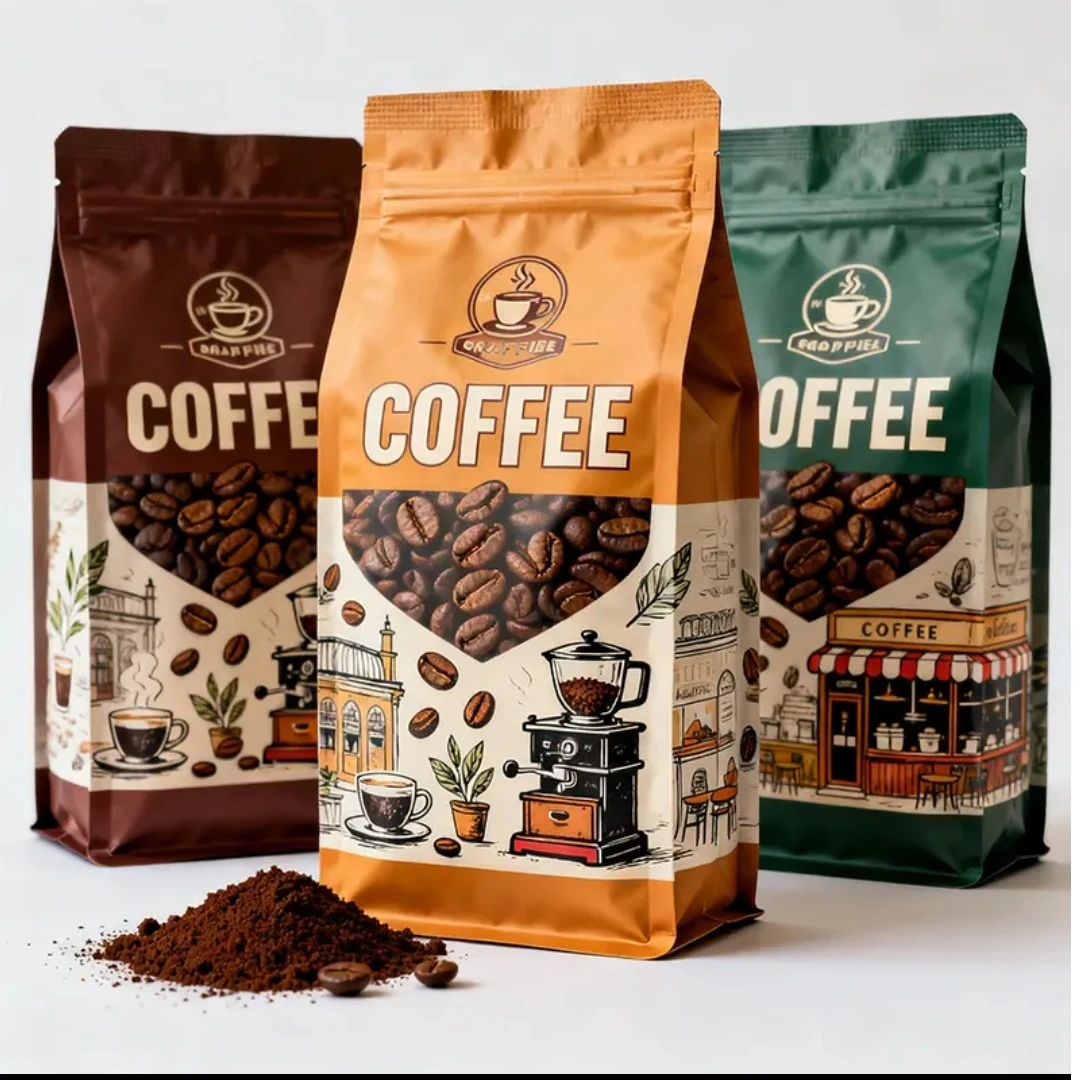 Supplied product image showing brown, amber and green printed coffee pouches