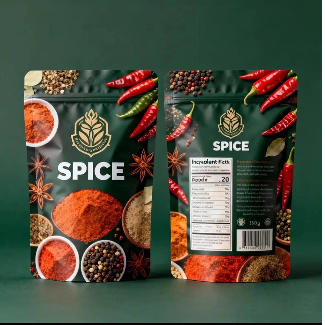 Supplied product image showing green printed stand-up spice pouches